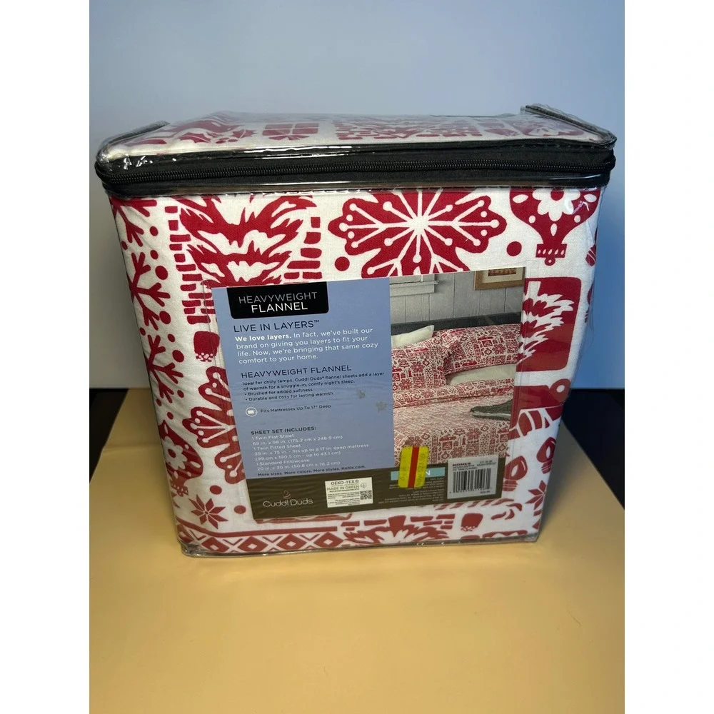 Cuddl Duds Twin Heavyweight Flannel Sheet Set Holiday Paper Cut Red White NEW